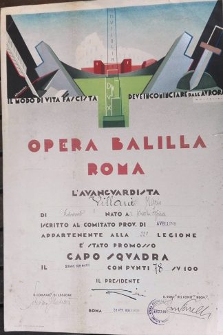 Opera Balilla Roma. Diploma per la promozione da Avanguardista...a Capo Squadra