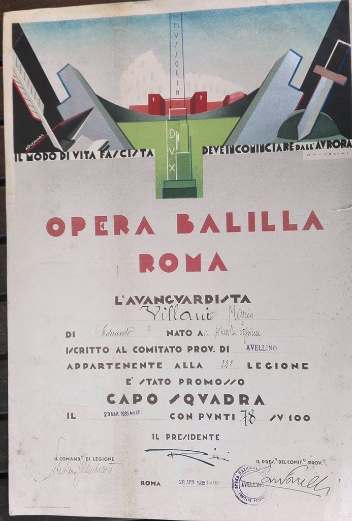 Opera Balilla Roma. Diploma per la promozione da Avanguardista...a Capo Squadra