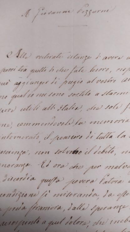 Lettera autografa firmata a Giovanni Pizzurni, collezionista di autografi dal testo patriottico.