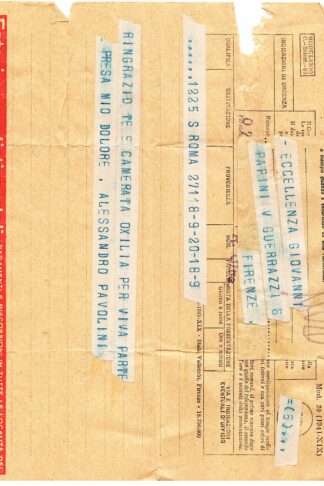 Telegramma postale allo scrittore Giovanni Papini a Firenze